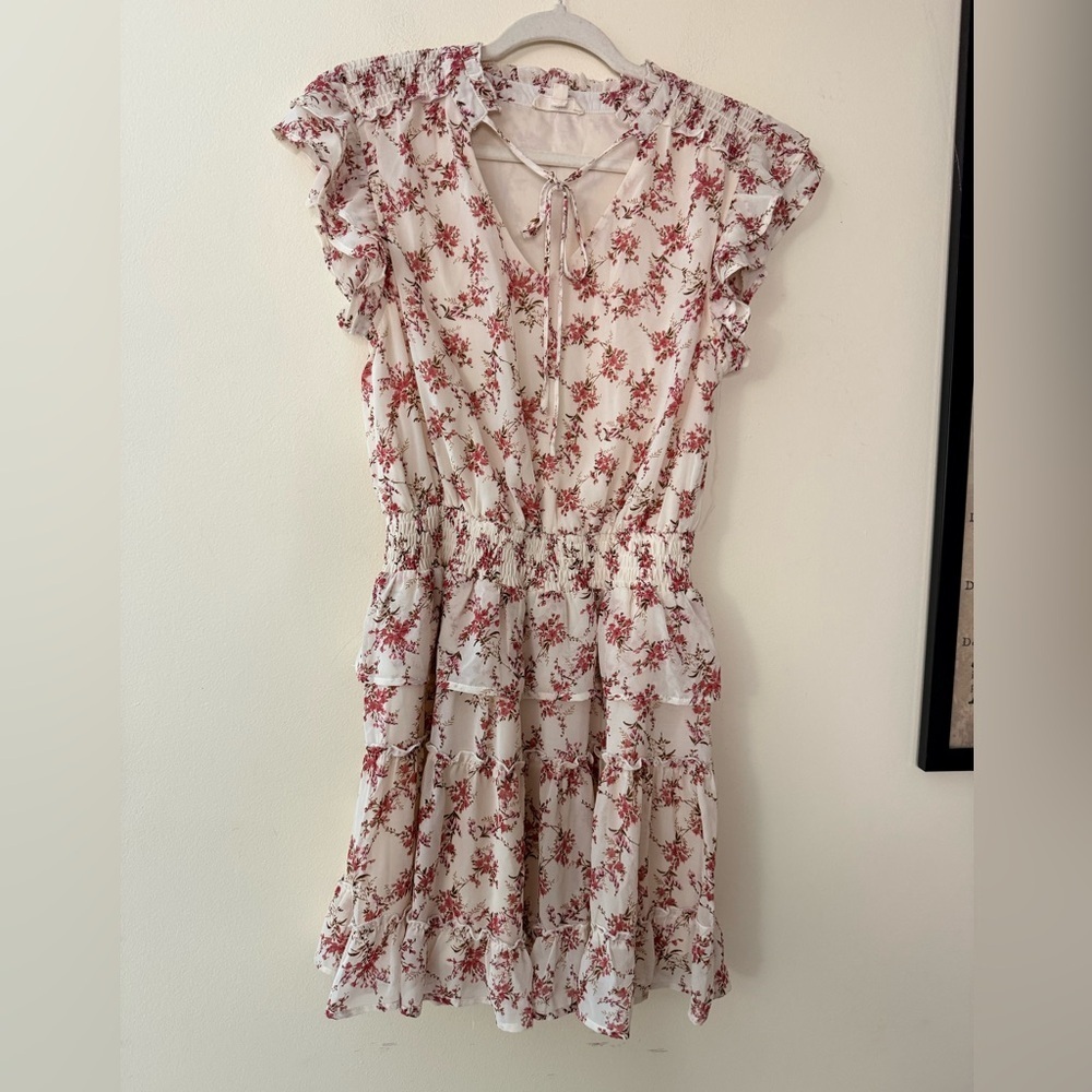 Entro Red and White Floral Mini Dress, size S, Elastic Waist Ruffle Sleeves